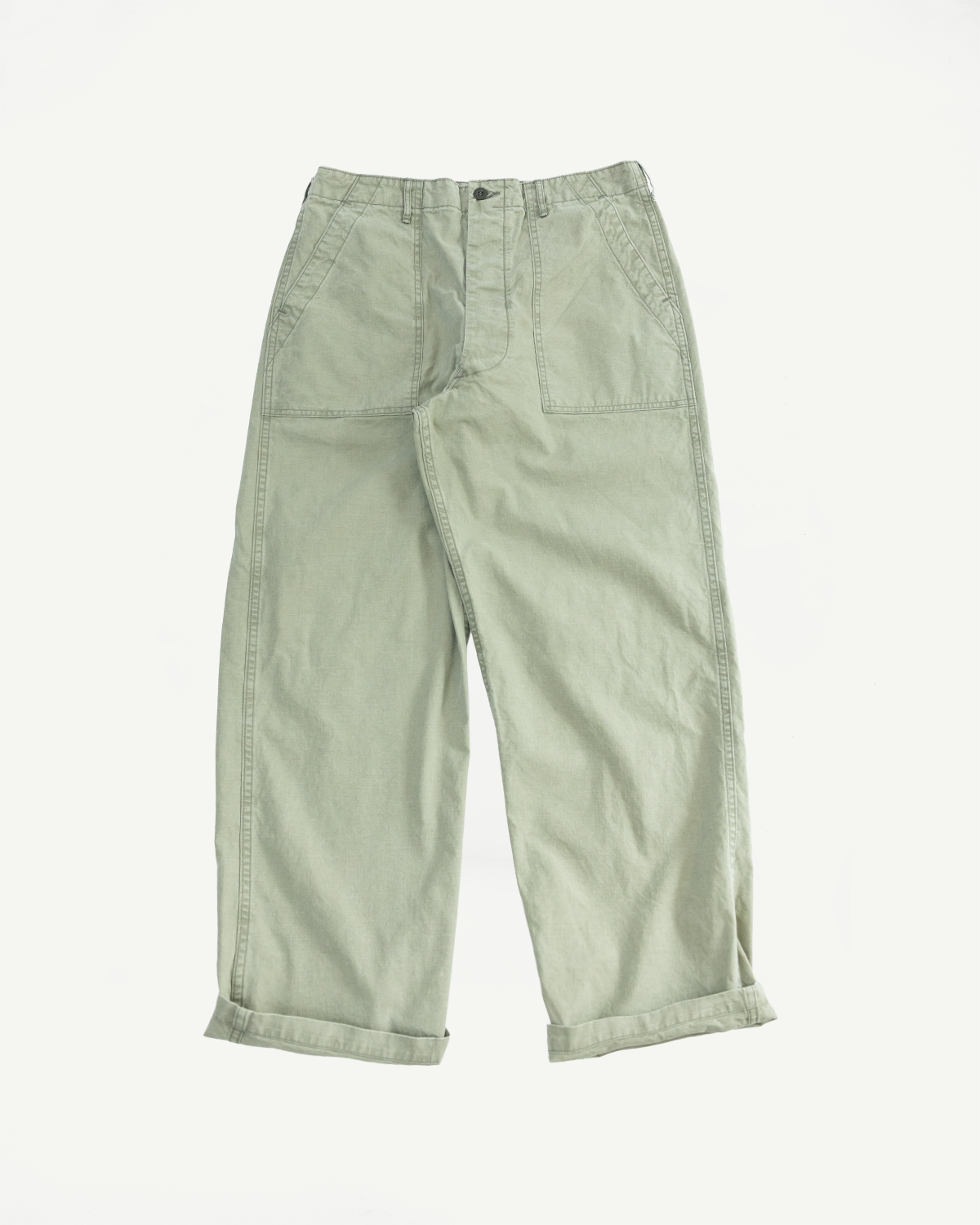 Flat lay front view of light green wide-leg work pants with cuffed hems and utility pockets