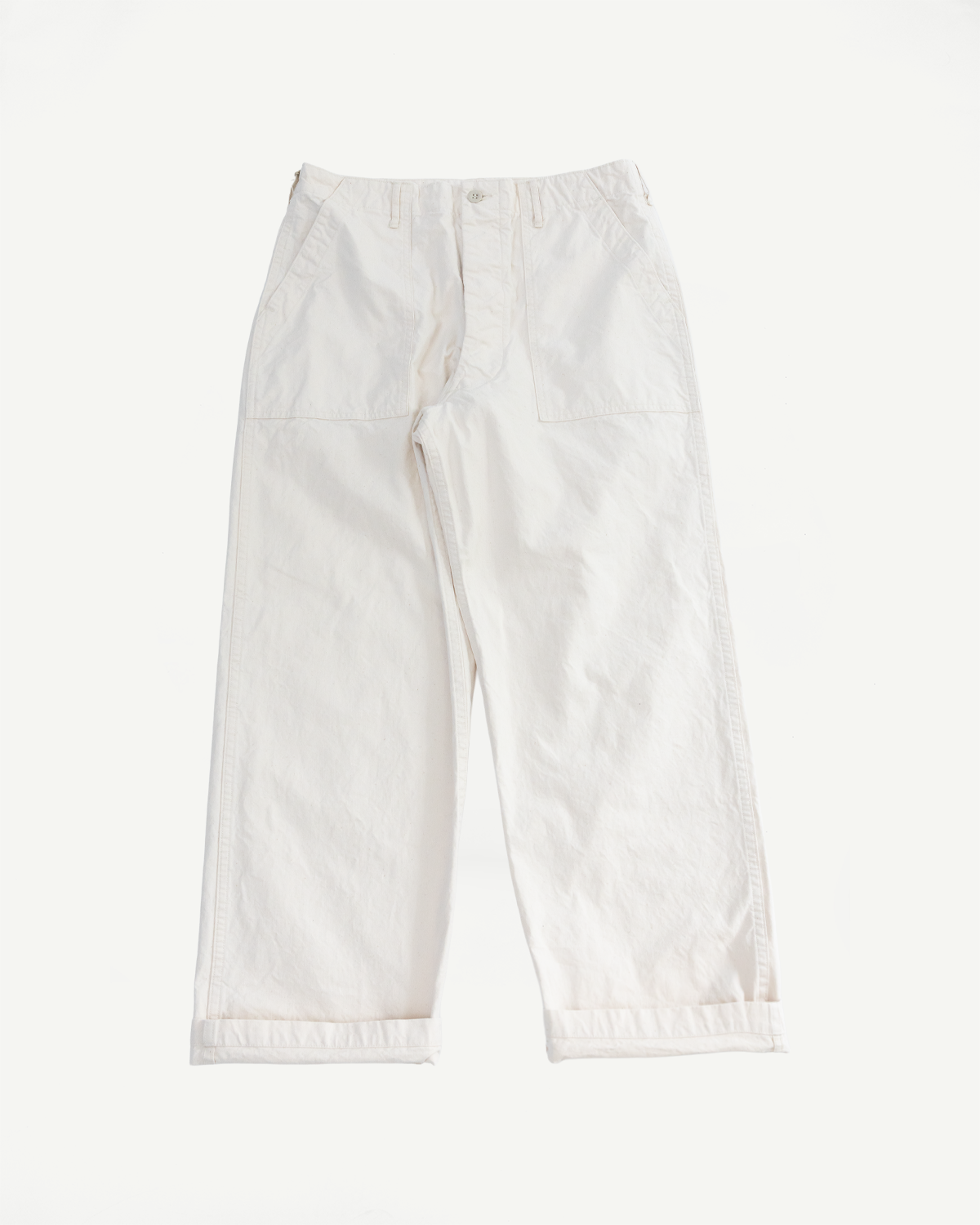 White wide-leg casual pants, front view flat lay, cuffed hems, button fly, utility pockets