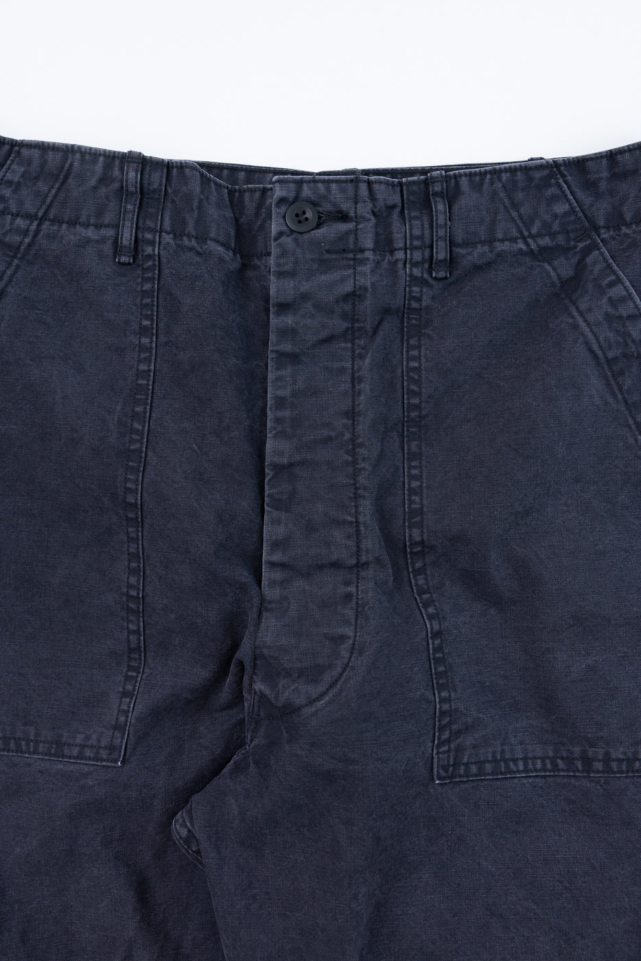 01-5103-M61K - Duck Canvas Summer Fatigue Pants - Black feature a buttoned waistband, belt loops, central fly seam, and two elongated patch-style front pockets, showcasing Dant's premium menswear focus on durable, heritage-inspired garments.