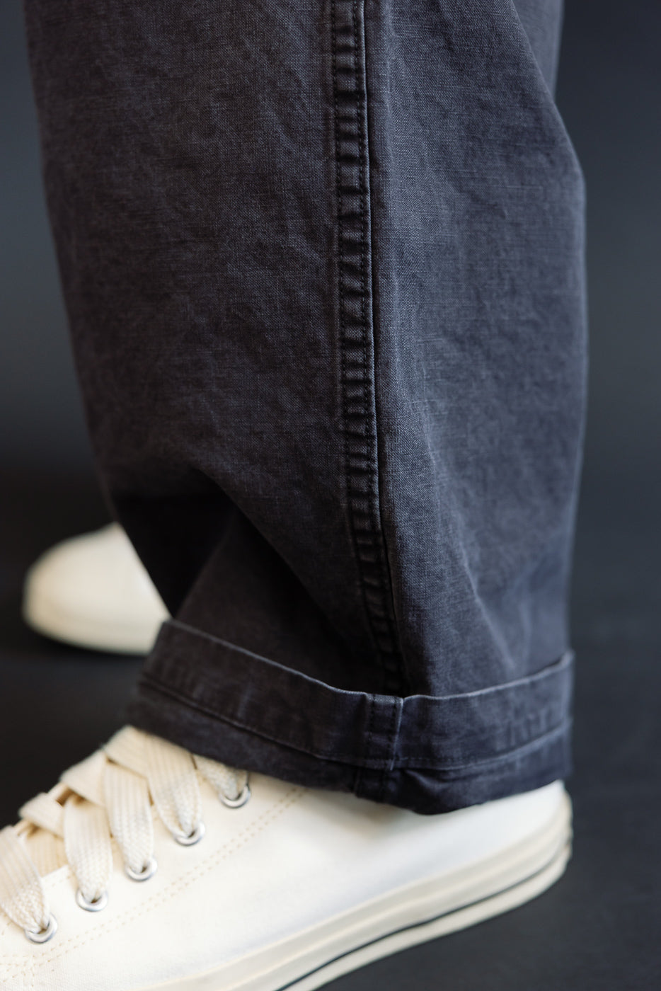Close-up of the 01-5103-M61K Duck Canvas Summer Fatigue Pants in black, highlighting the cuffed hem paired with off-white canvas sneakers, showcasing the pants' lightweight, worn-in texture.