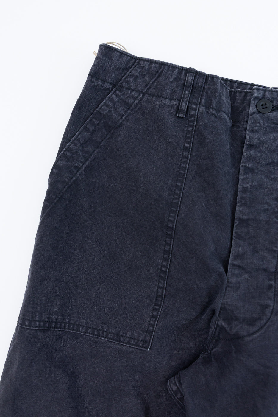 01-5103-M61K - Duck Canvas Summer Fatigue Pants - Black feature a high-rise waistband with belt loops, slanted elongated pockets, and visible stitching on medium-weight cotton canvas, showcasing orSlow's craftsmanship.