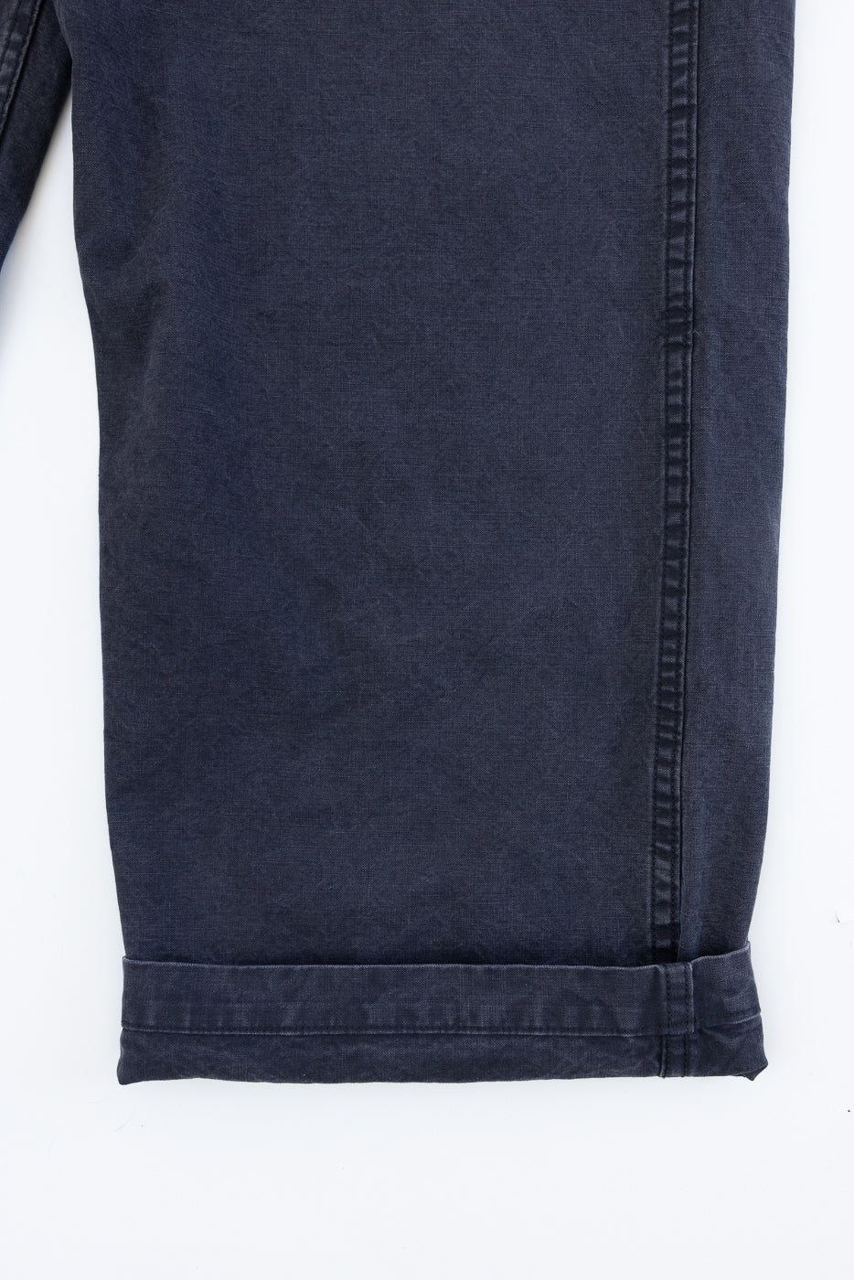 Close-up of the 01-5103-M61K Duck Canvas Summer Fatigue Pants - Black, showcasing the cuffed hem and side seam stitching, highlighting the premium craftsmanship and distinctive style.