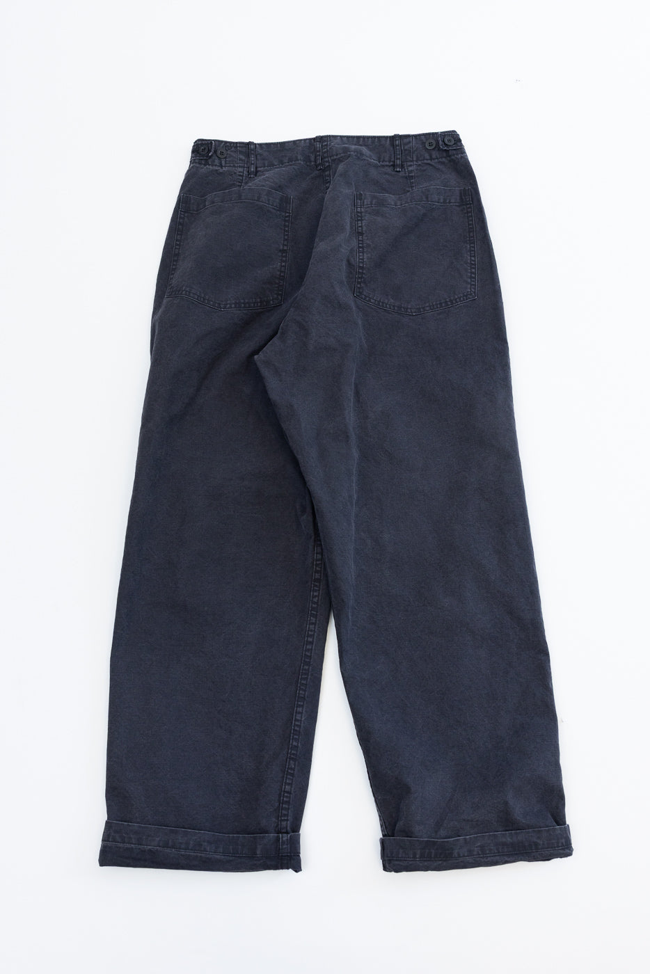 01-5103-M61K - Duck Canvas Summer Fatigue Pants - Black, featuring dark charcoal wide legs, back pockets, buttoned waistband adjustment, and cuffed hems, laid flat on a white background.