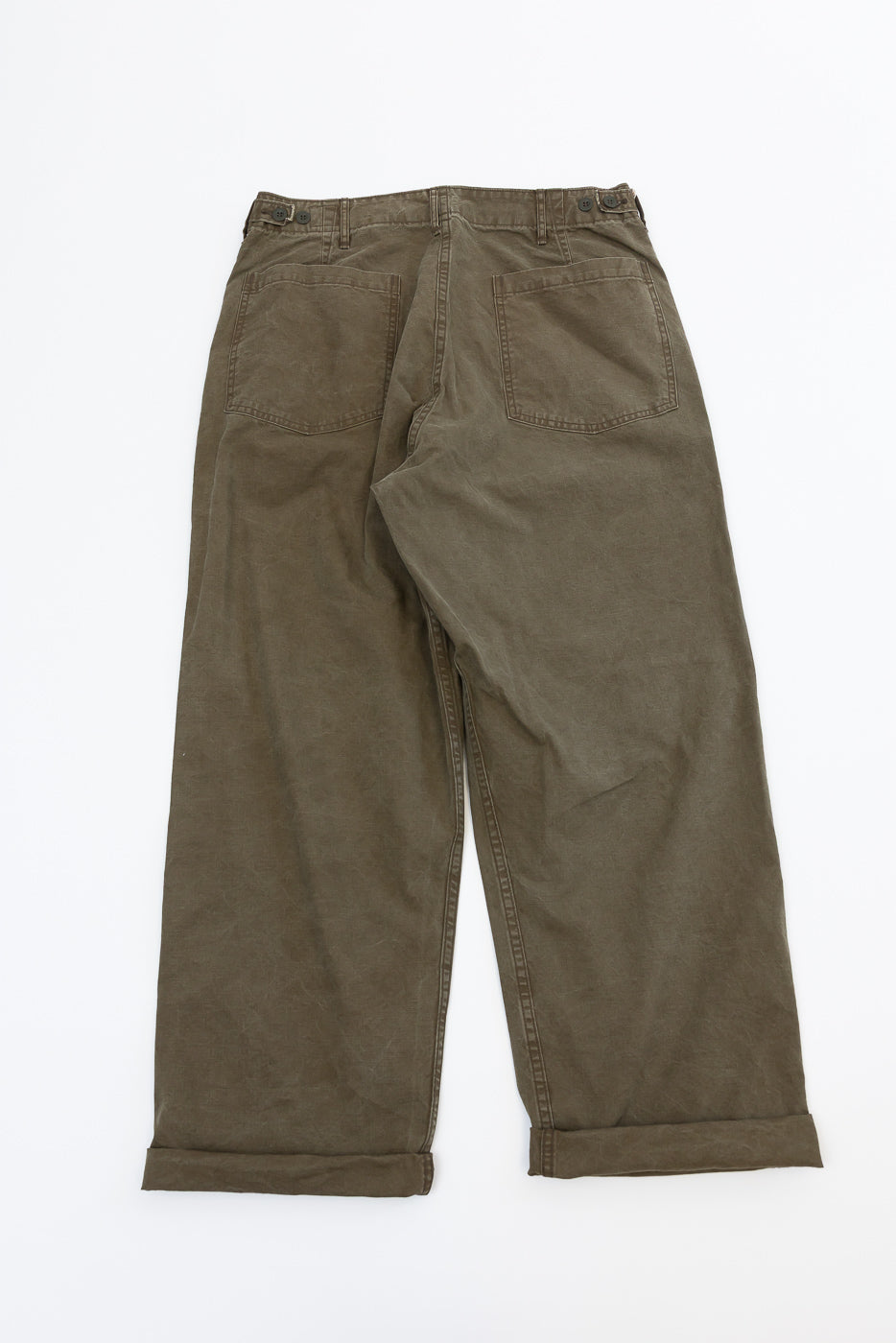 Back view flat lay of olive green wide-leg pants with cuffed hems and rear pockets