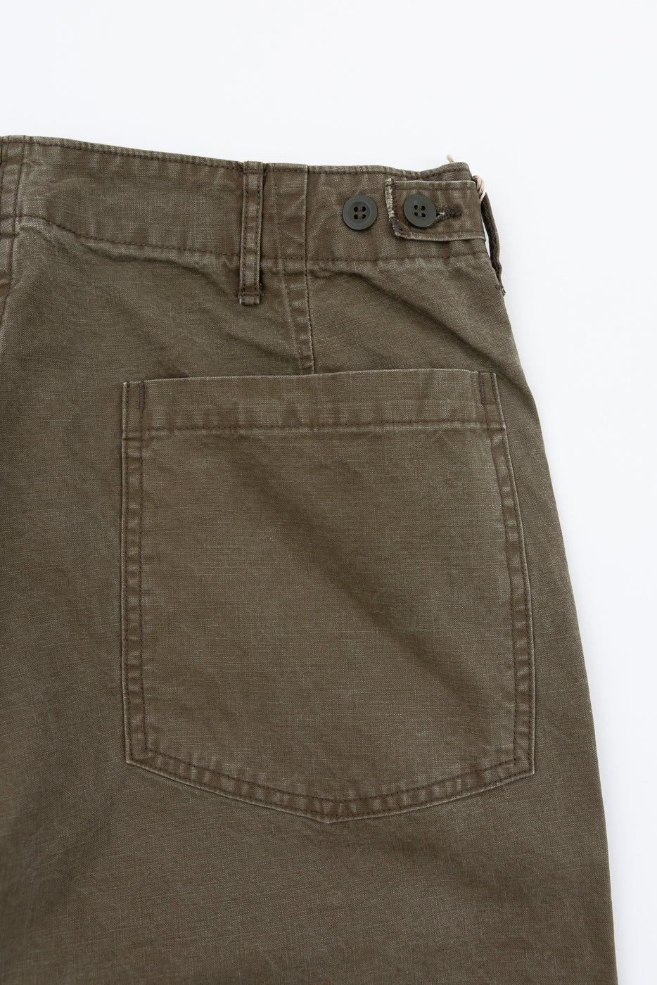 Close-up back view of olive green casual pants showing rear pocket, button closure, and fabric texture