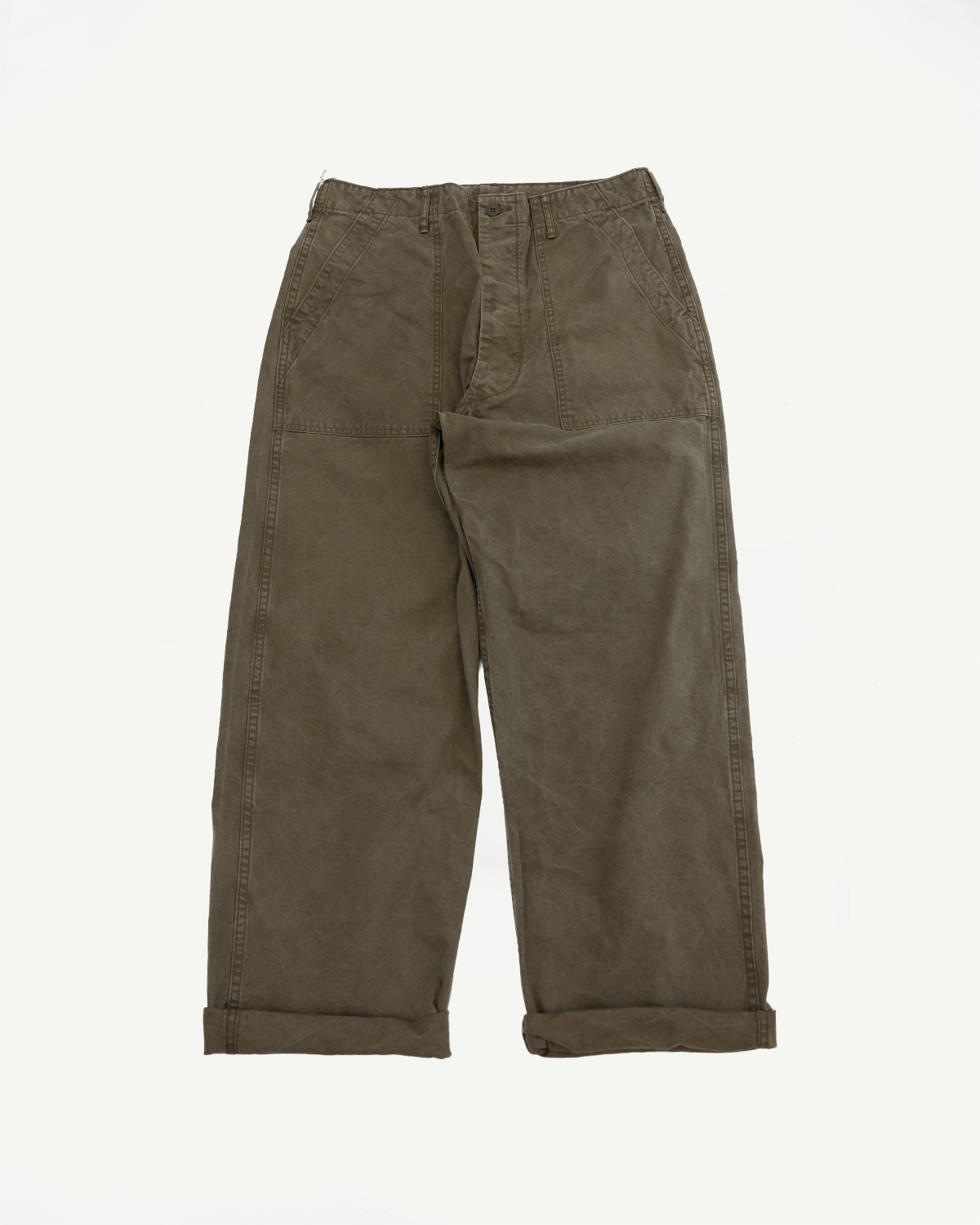 Olive green wide-leg work pants, front view flat lay, cuffed hems, visible stitching, casual selvedge style