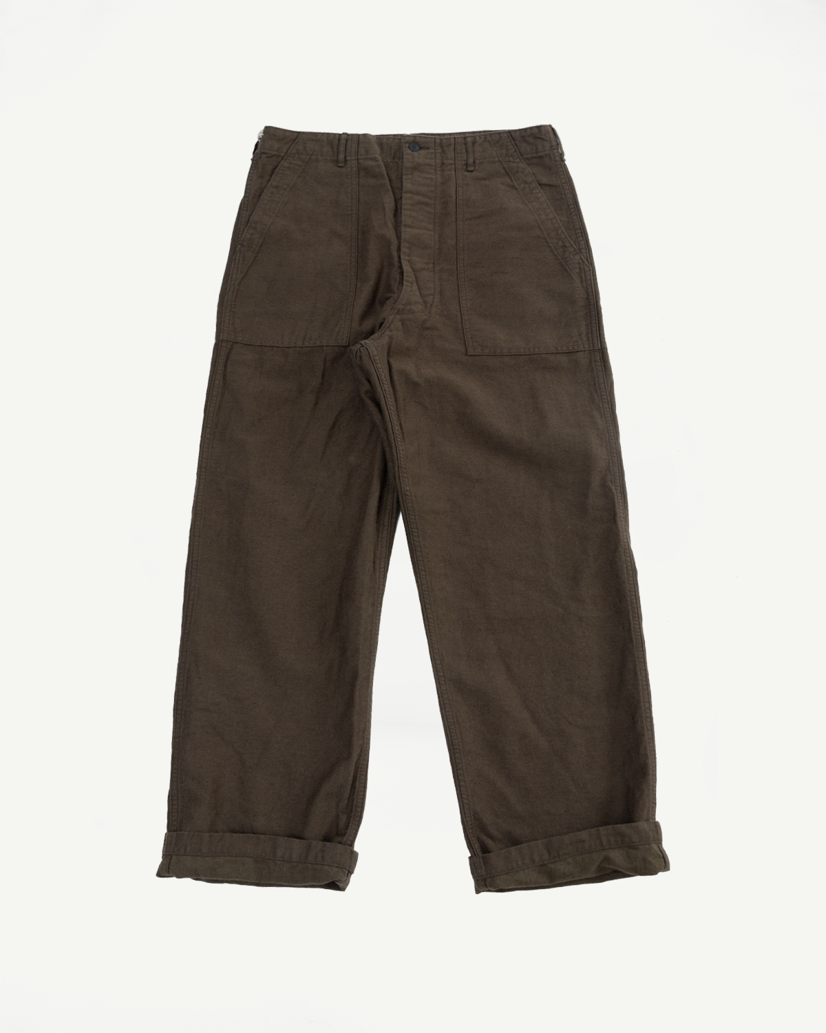 Front flat lay of Orslow fatigue pants in coffee brown cotton linen moleskin, relaxed fit, visible patch pockets and cuffed hems.