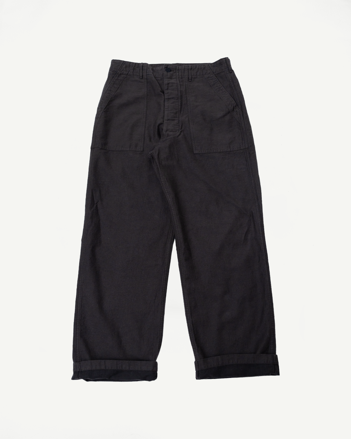Flat lay front view of orSlow charcoal gray fatigue pants, cotton linen, pocket and cuff details visible.