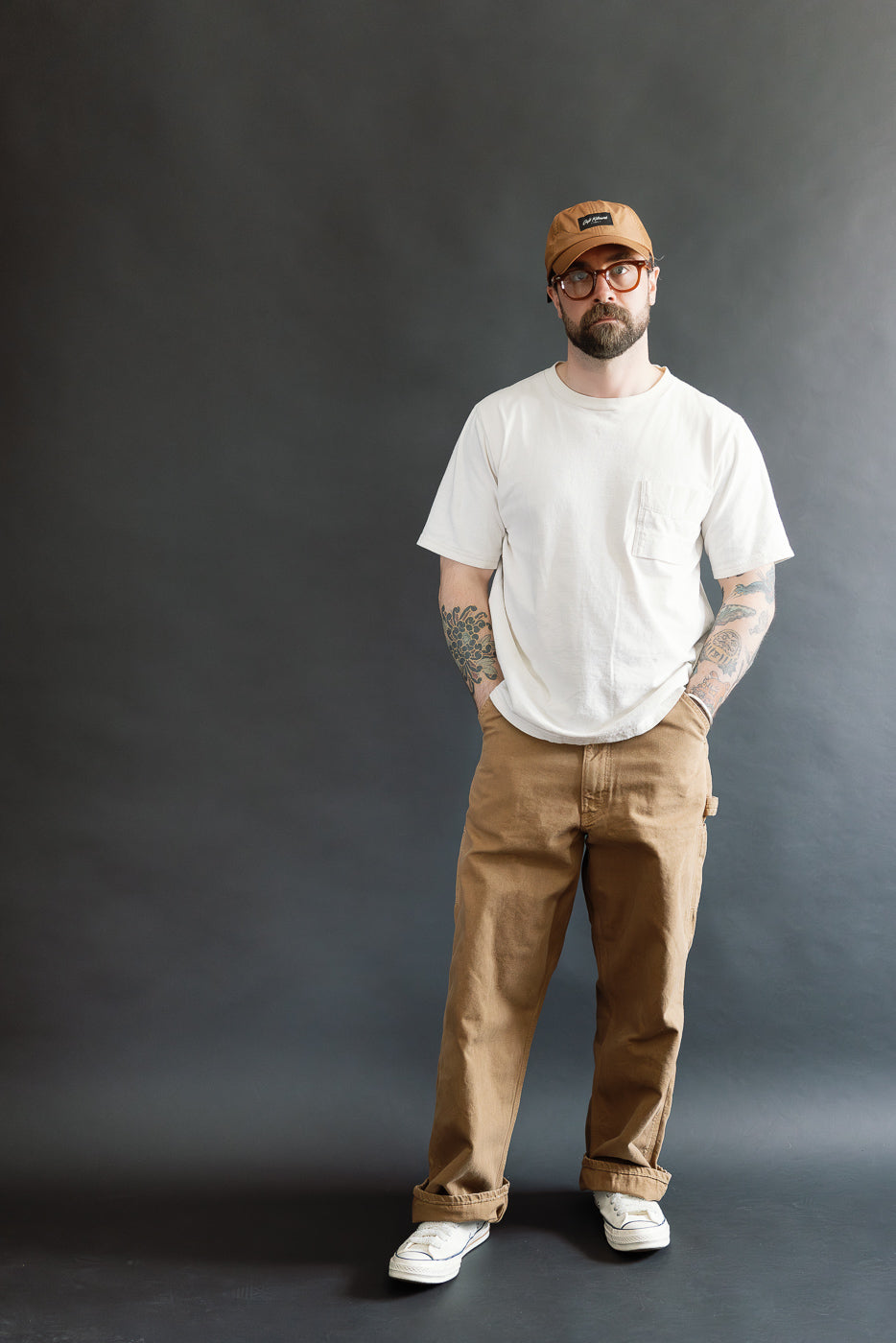 Full body front view of male model 5'9