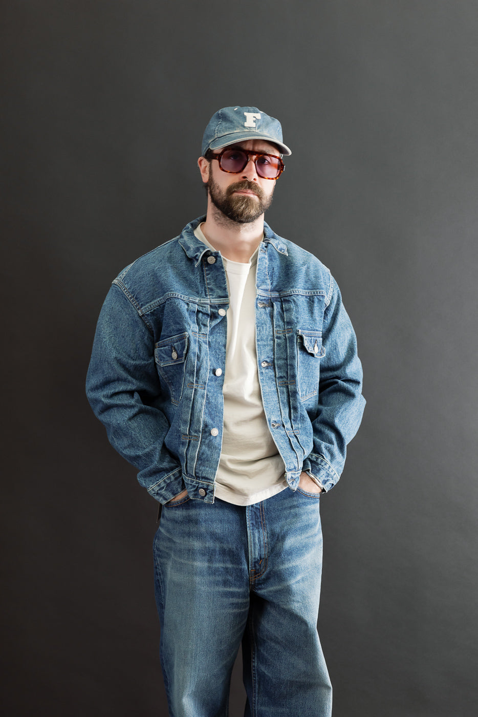 Full body front view of a male model, 5'9