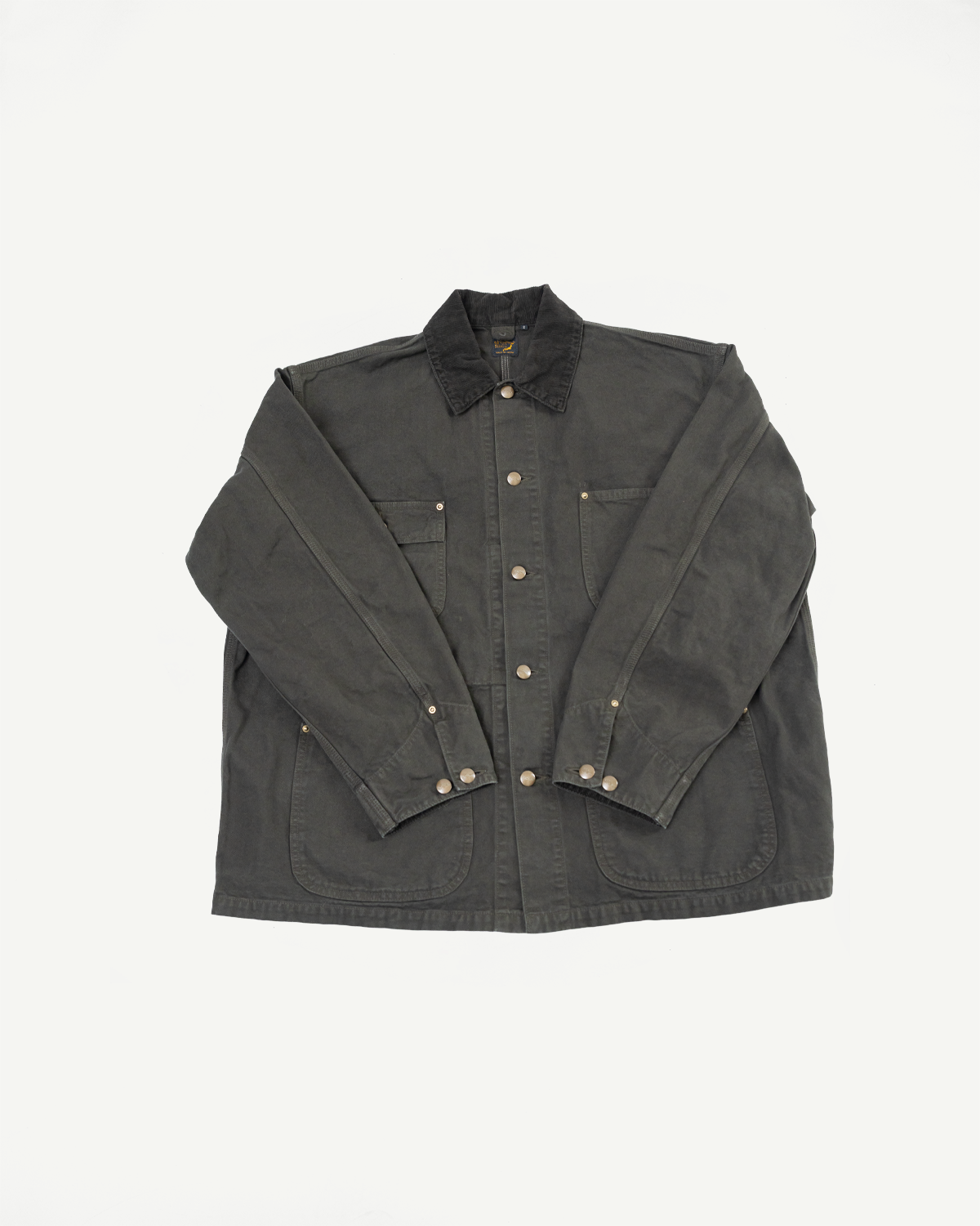 Front view flat lay of a charcoal grey button-up utility jacket with patch pockets.