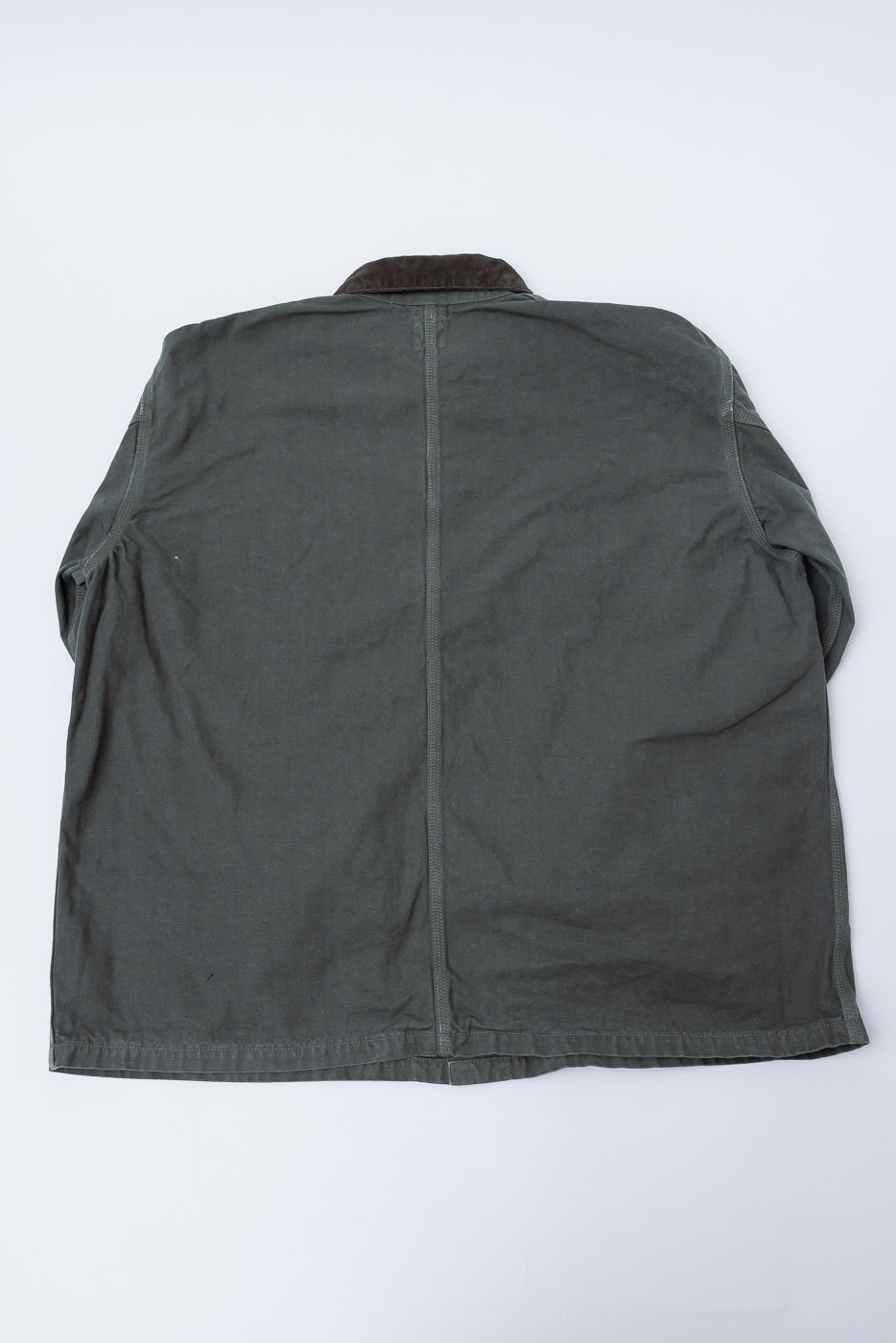 Flat lay, back view of Orslow army green relaxed fit coverall jacket with brown collar, Dant