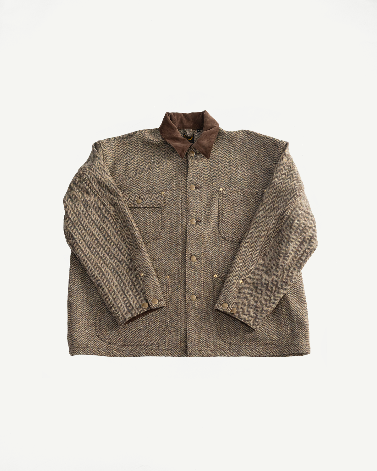 Front flat lay of orSlow Harris Tweed relaxed fit khaki coverall jacket with brown collar and button details
