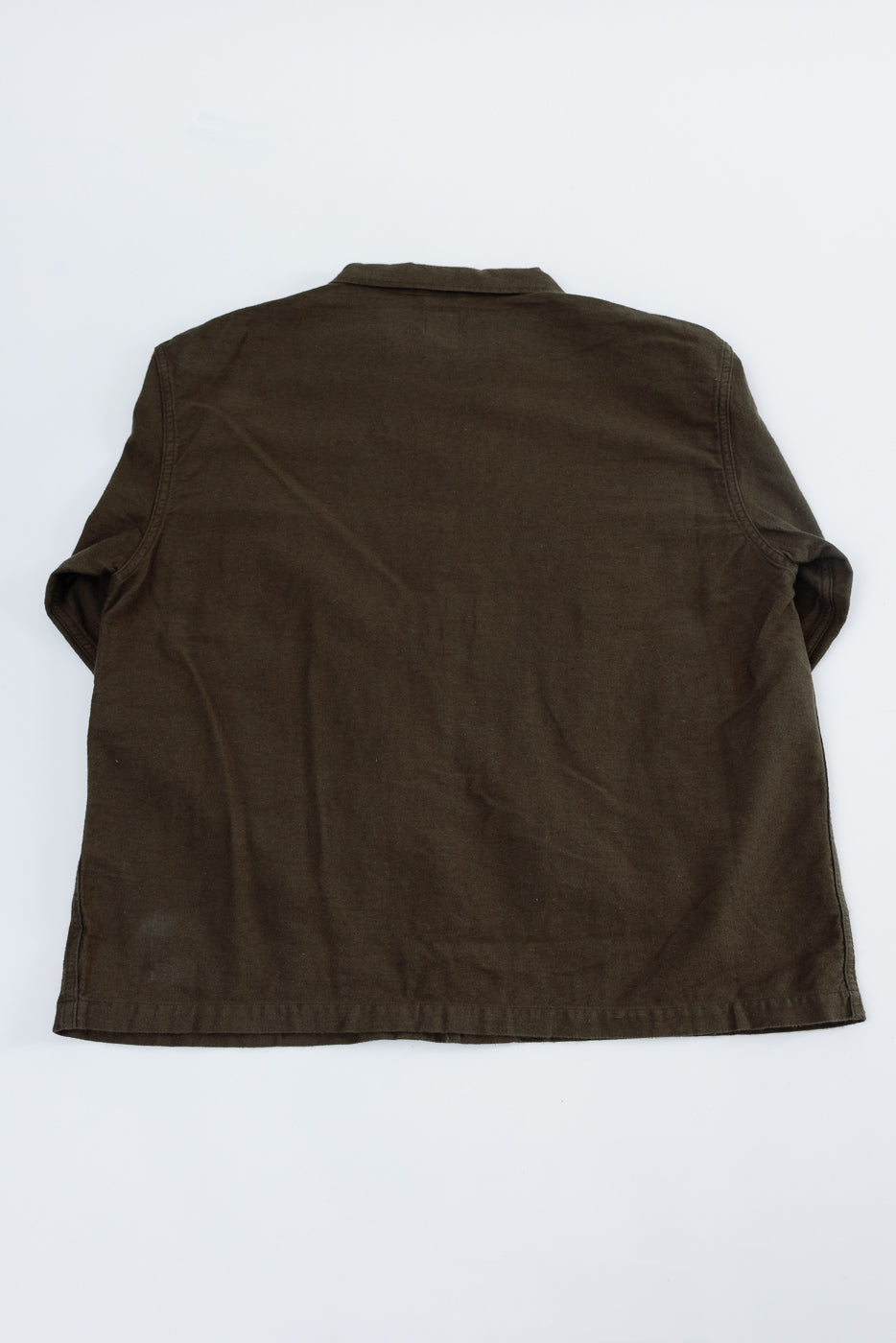 Flat lay of orSlow coffee brown moleskin work jacket, back view, showing collar and hem details.