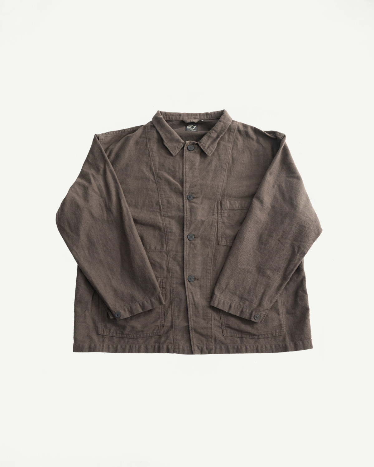 Flat lay front of orSlow charcoal moleskin work jacket with button details and patch pockets