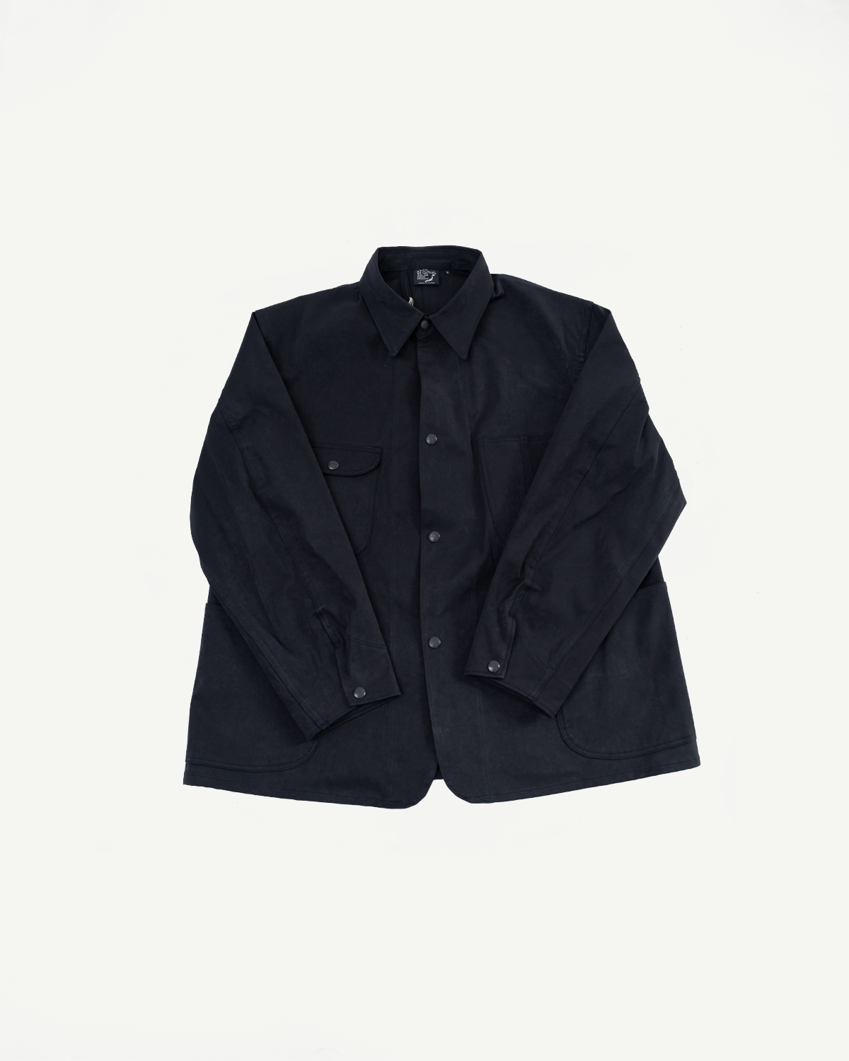 Flat lay front view of a black long-sleeve button-down shirt with chest pockets.