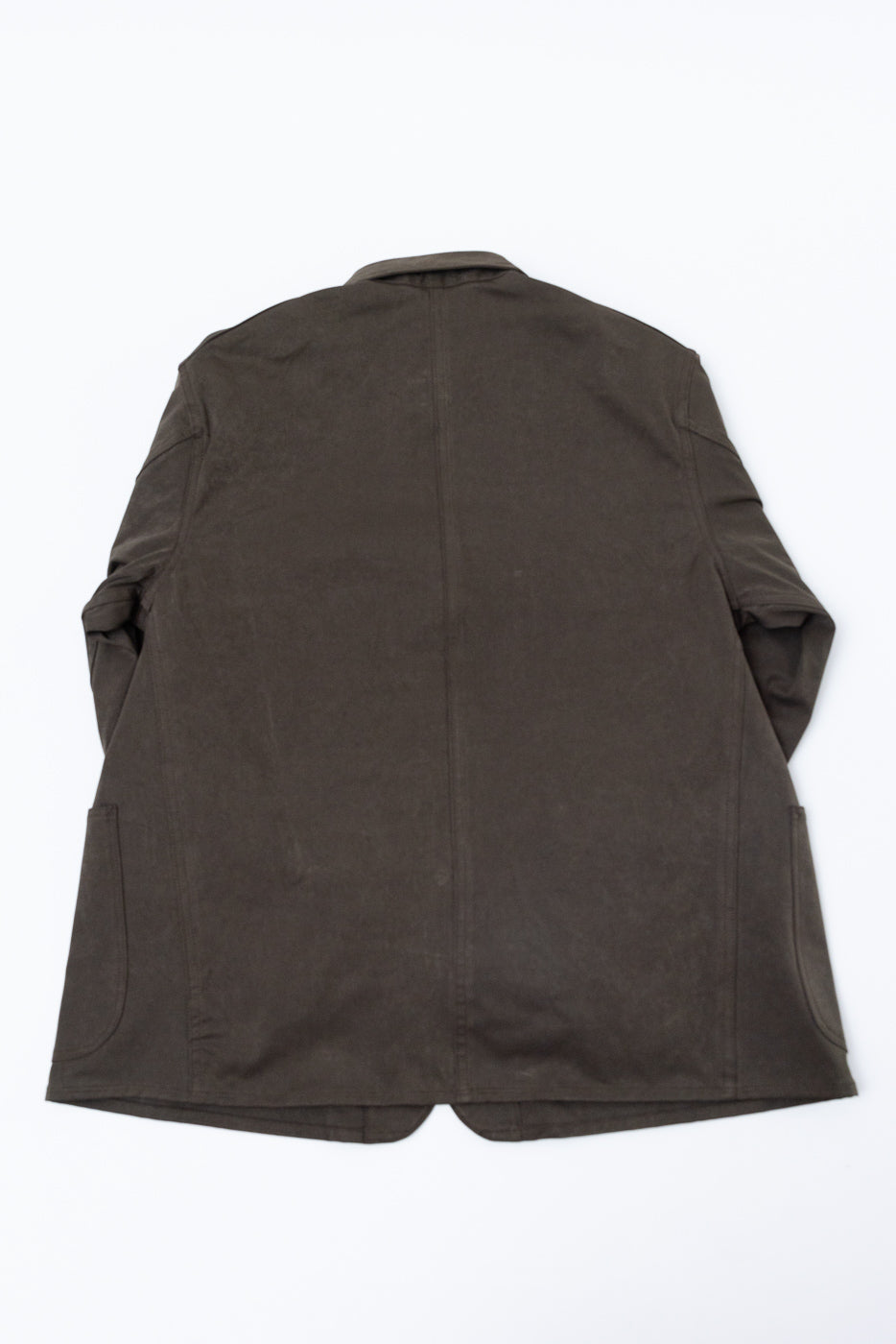 Back view of a dark brown casual jacket shown in a flat lay.