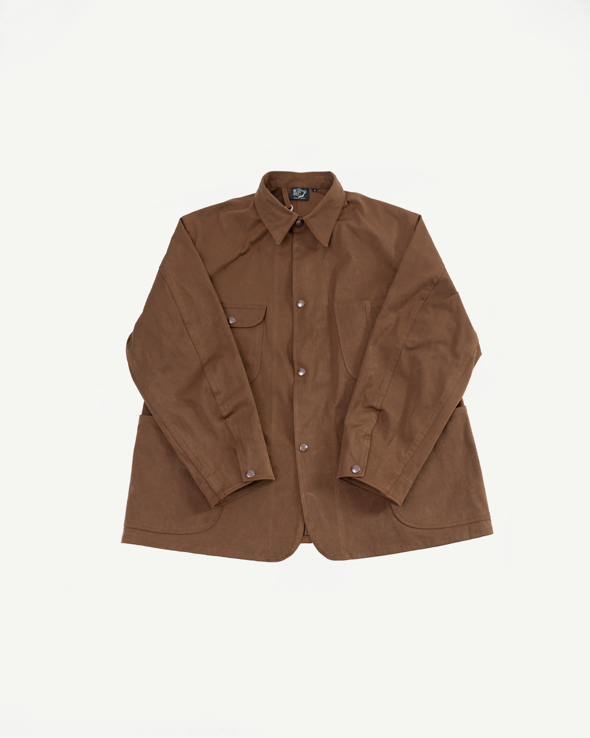 Front view flat lay of a brown button-up chore jacket with utility pockets.