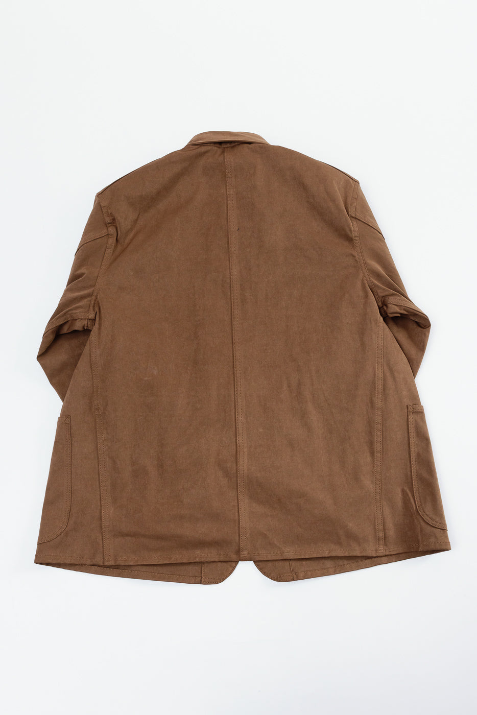 Back view of a brown casual jacket showing the full length and back panel.