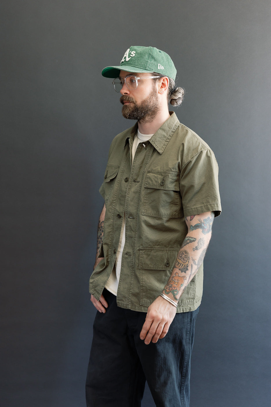 FACETASM ZIPPER ARMY SHIRTシャツジャケット　size5 01-8046-76k - Utility Short Sleeve Work Shirt Jacket - Army Green