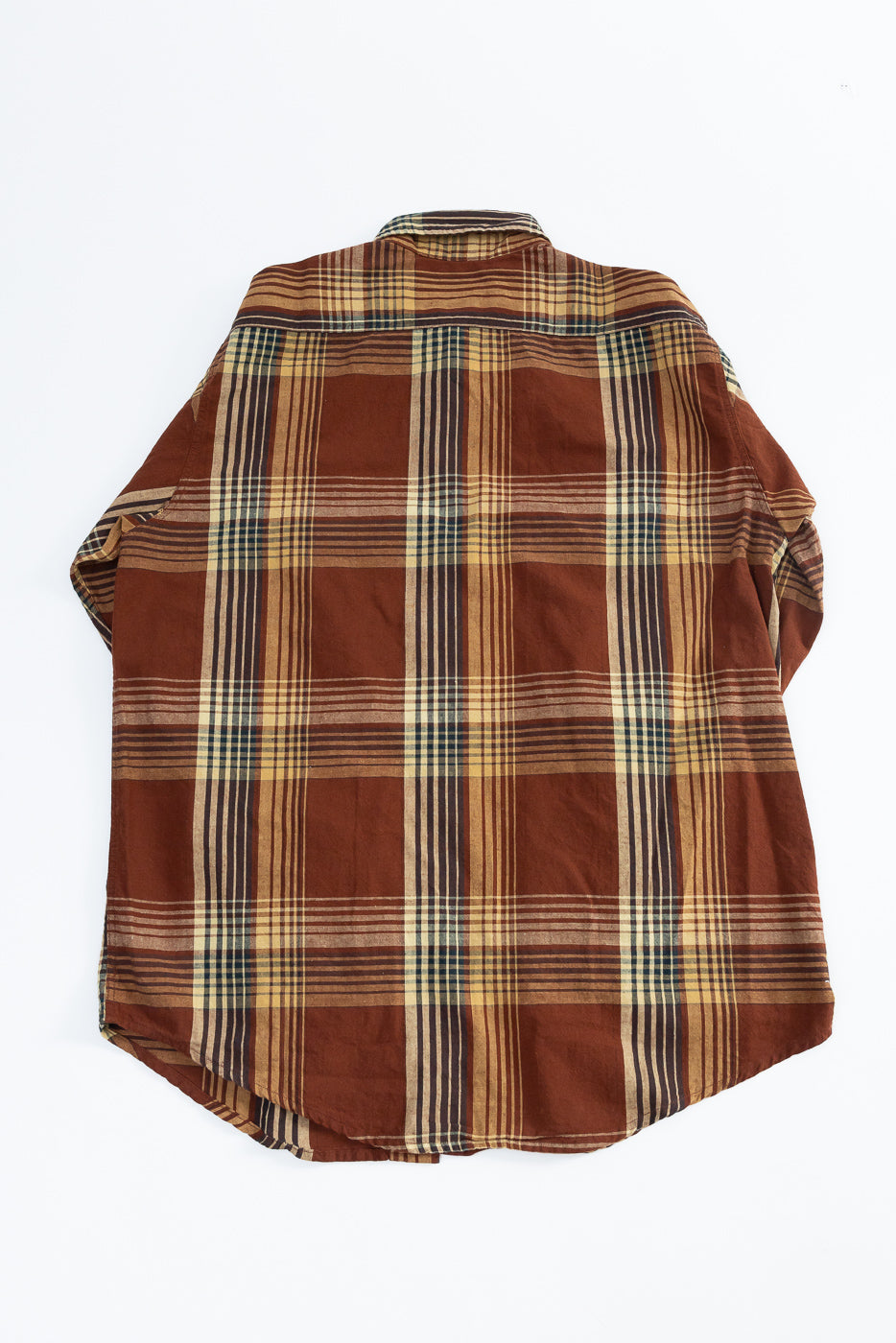 Back view of men's plaid shirt, brown base with tan, navy, green stripes, flat lay, relaxed fit, curved hem