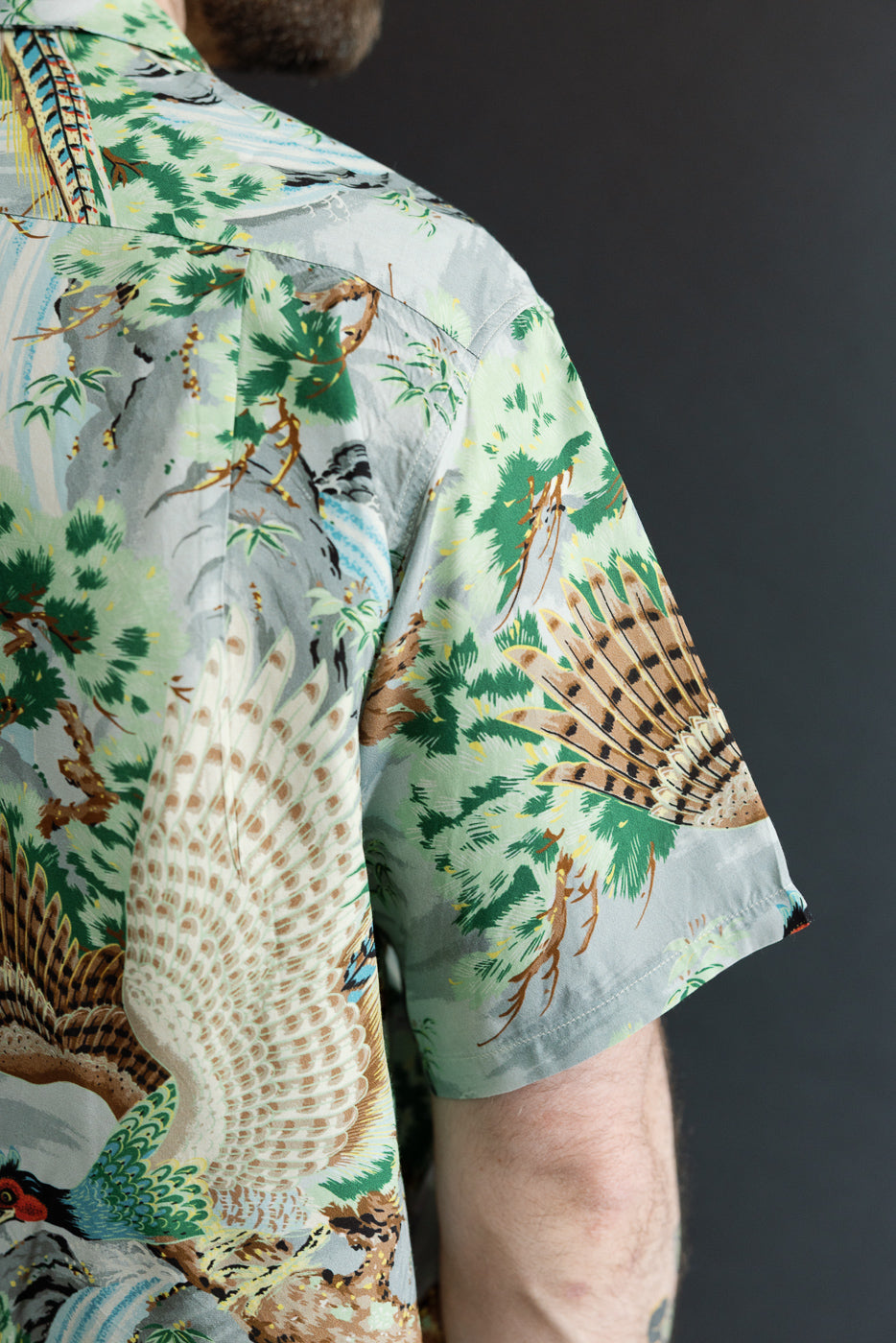 Close-up of male model's side view, showcasing short-sleeve shirt with bird and foliage print, 5'9
