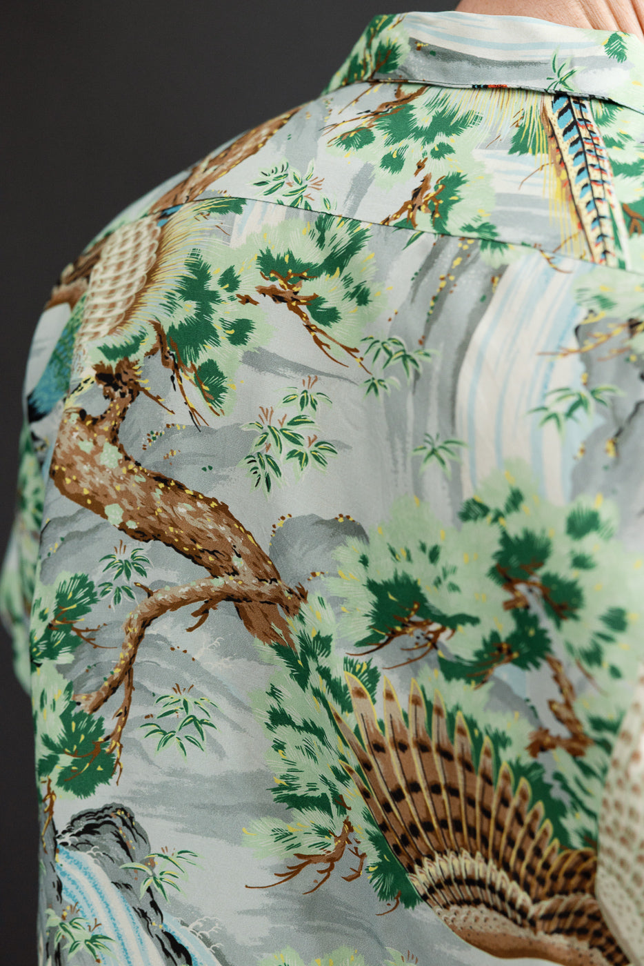 Close-up of male model's back showing detailed nature print shirt with trees, waterfalls, and birds.