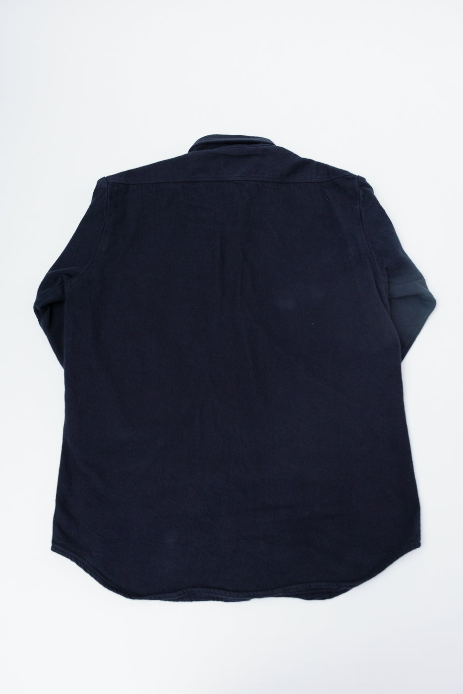 Flat lay of orSlow navy flannel shirt, back view, showing relaxed fit and full body garment.