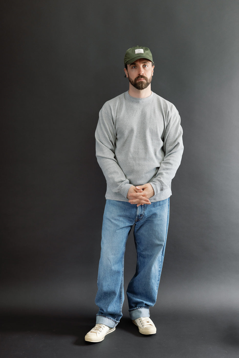 Full body front view of male model, 5'9