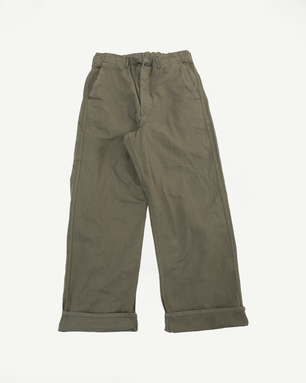 Front view flat lay of olive green wide-leg cotton trousers with cuffed hems.
