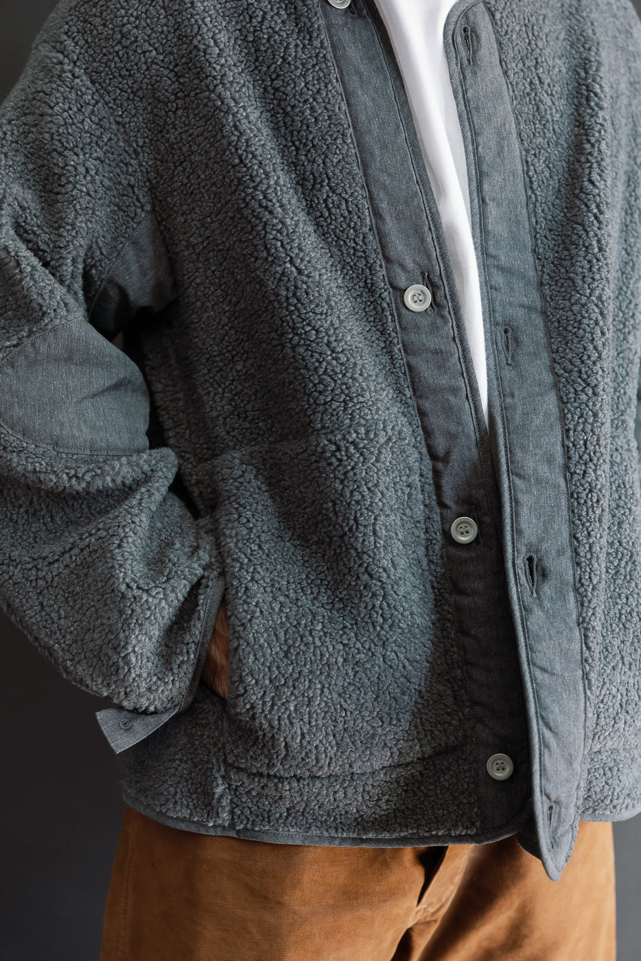 Close-up, front view of a male model wearing a grey sherpa fleece button-up jacket with textured fabric.