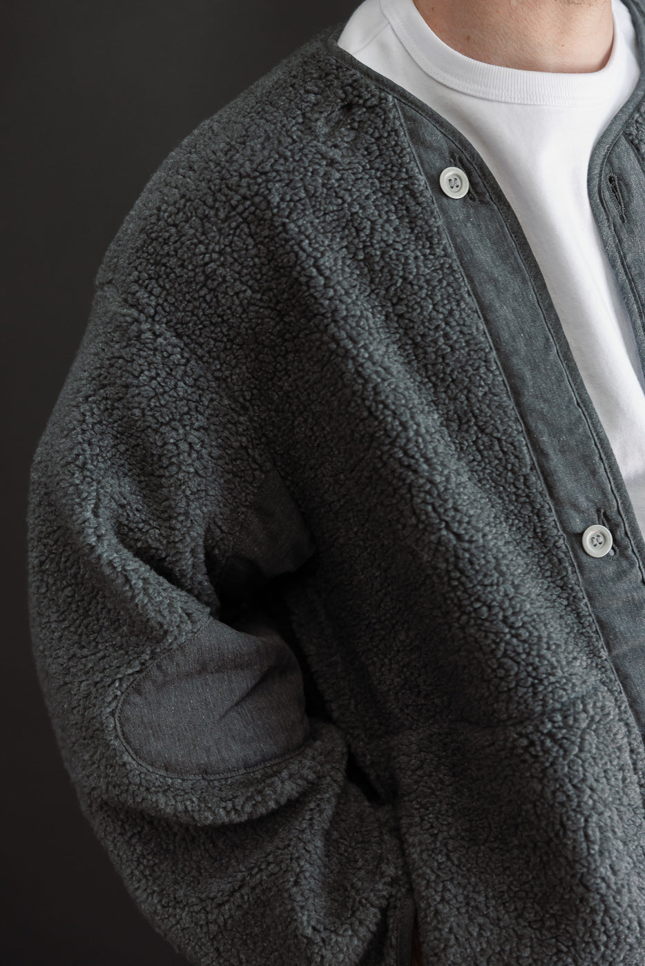 Close-up of the front right side of a male model's grey sherpa fleece jacket, showing button and texture.