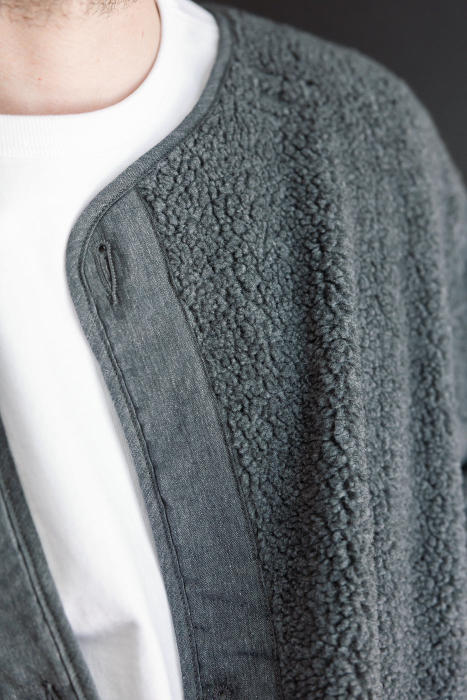 Close-up of the front left side of a male model's grey sherpa fleece and denim jacket.