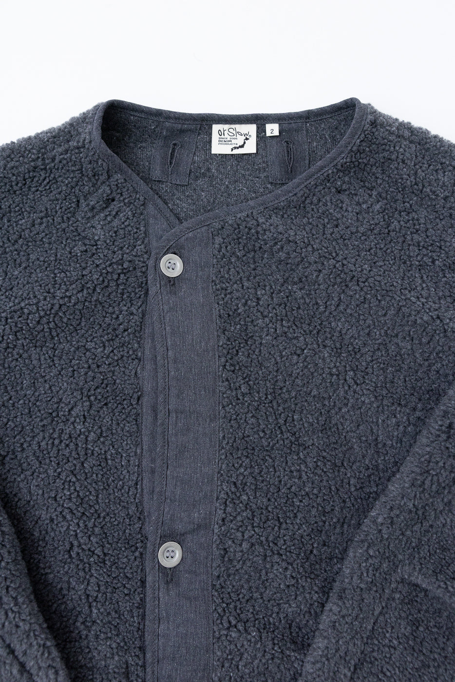 Close-up front view of a charcoal fleece jacket showing button placket and fabric texture.