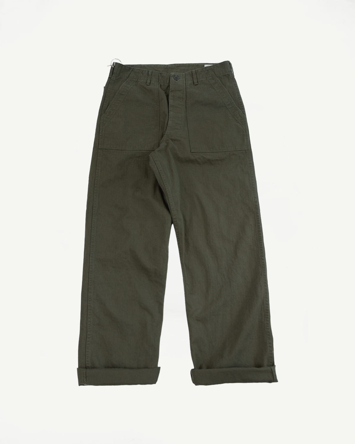 Olive green cargo pants, front view flat lay, cuffed hems, large front pockets, button fly