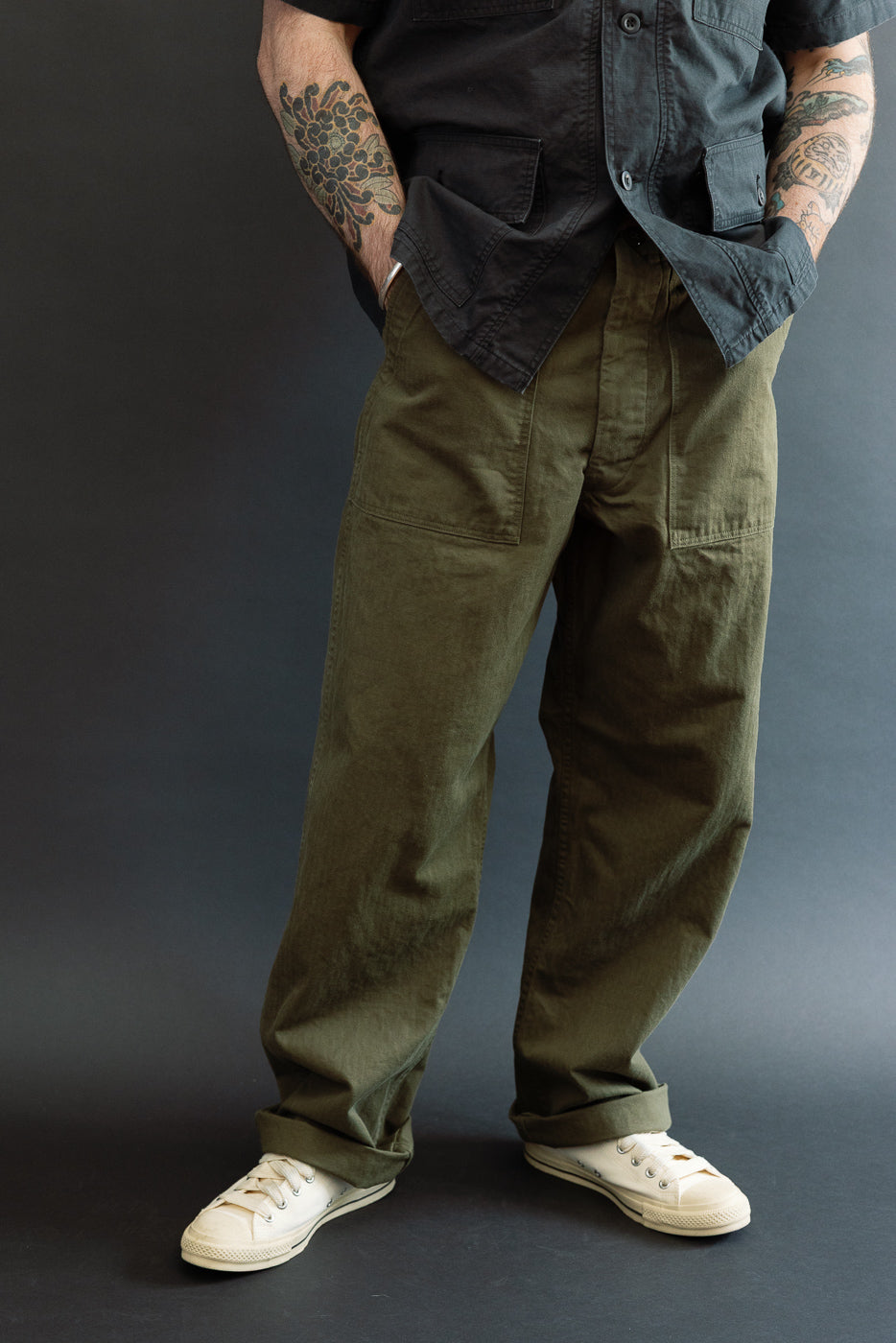 03-V5002-76k - Vintage Fit Fatigue Pants Herringbone Twill - Army