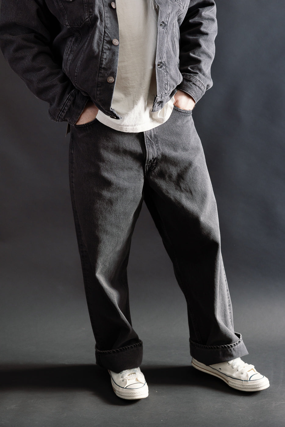 Front view, cropped full body shot of male model 5'9