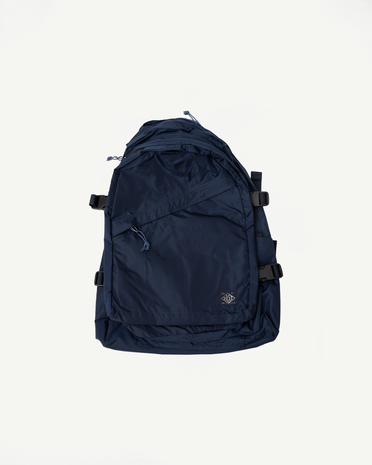 Front view flat lay of navy nylon ripstop backpack with front pocket and buckle straps