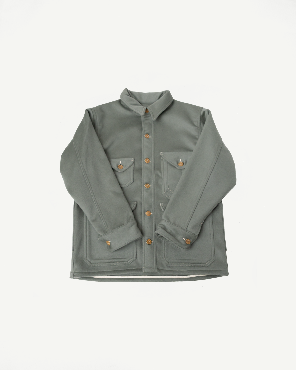 Flat lay front view of Post O’Alls Cruzer 5-R beaver melton pale green jacket, chest pockets, button front, contemporary casual outerwear from Dant.