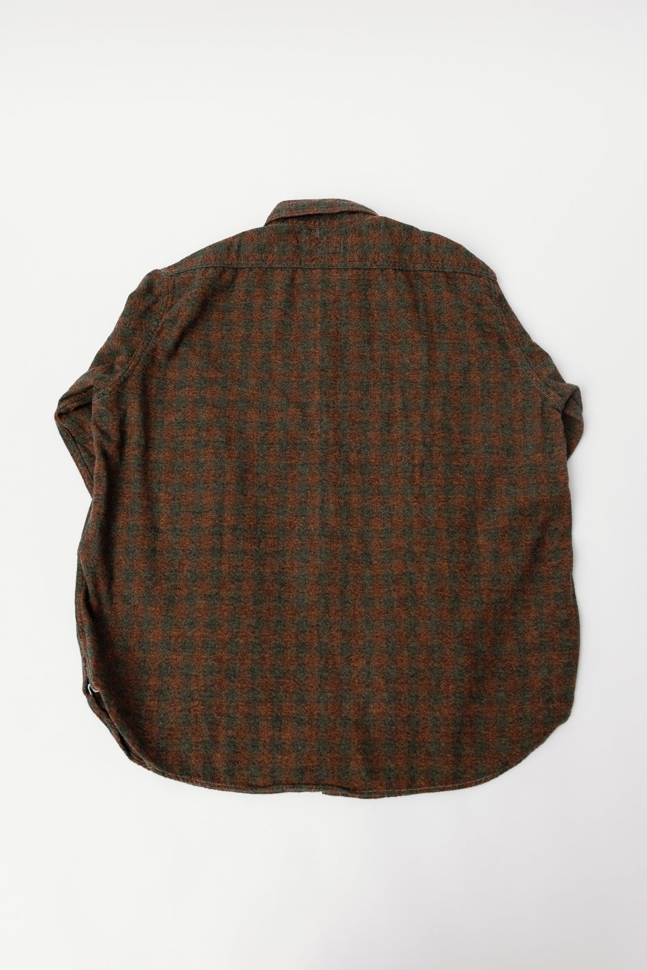Flat lay of Post O’Alls St. Louis cotton flannel plaid shirt, back view, orange and green check