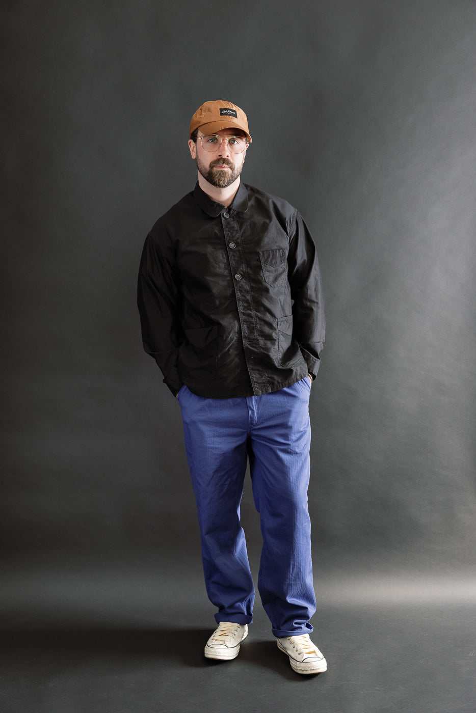 Full body front view of male model 5'9