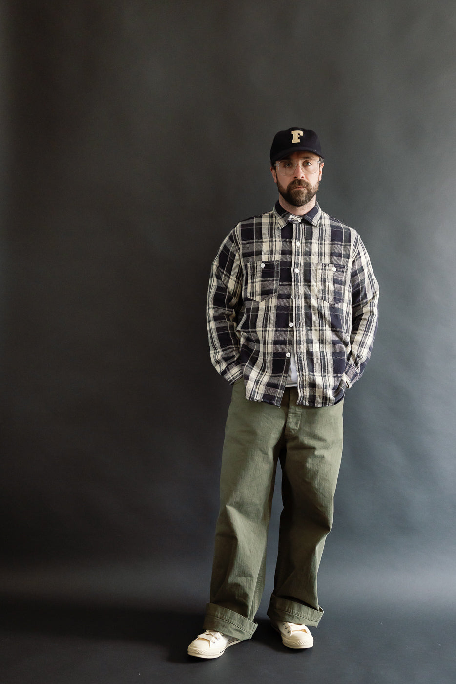 Full body front view of male model 5'9