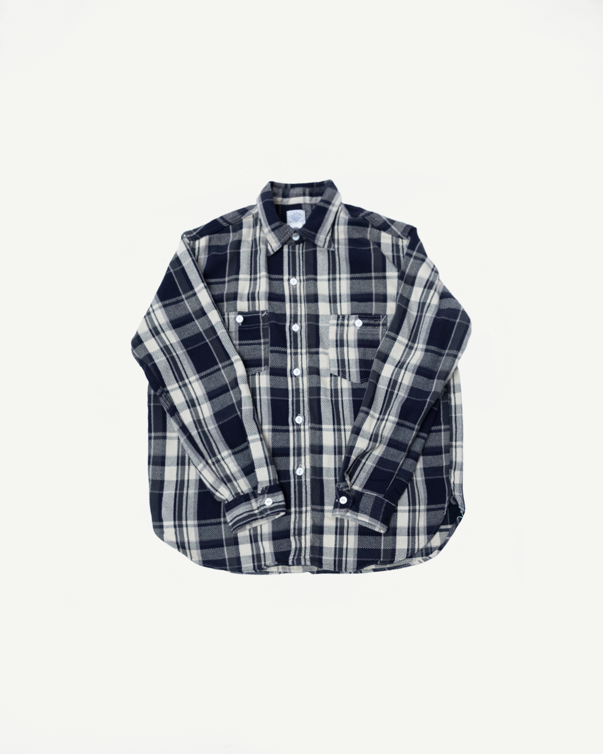 Flat lay front view of Post O’Alls St. Louis grey plaid cotton flannel shirt, button-down collar