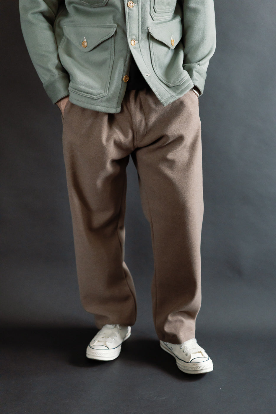 Front view mid-shot of Post Coach Pants Supersoft Sweat Cloth Mouton on male model, 5'9