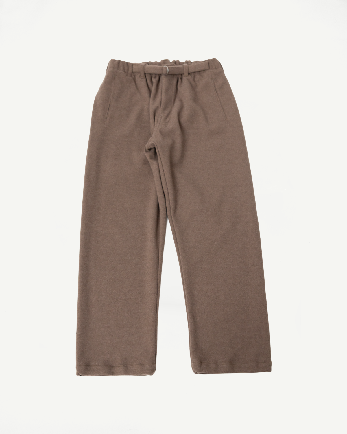 Flat lay front view of brown sweatpants with elastic waistband and side pockets, casual menswear