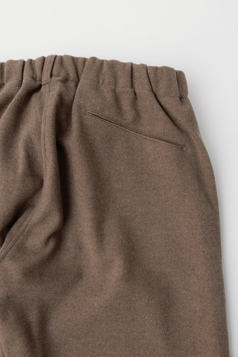 Close-up of back waist and pocket, brown coach sweatpants, elastic band, supersoft fabric
