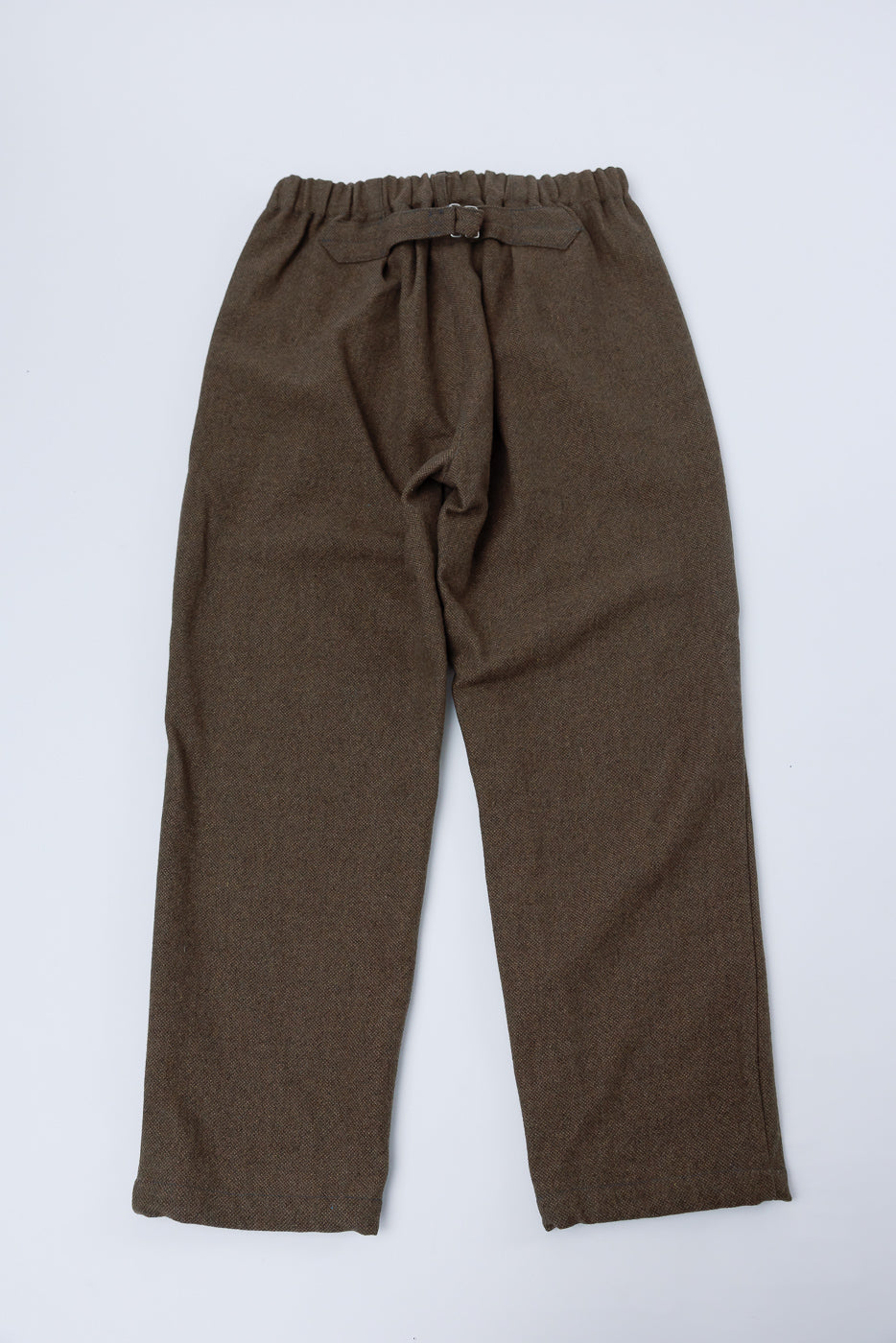 Flat lay, back view of brown basket tweed pants with adjustable waistband, Post O'Alls at Dant