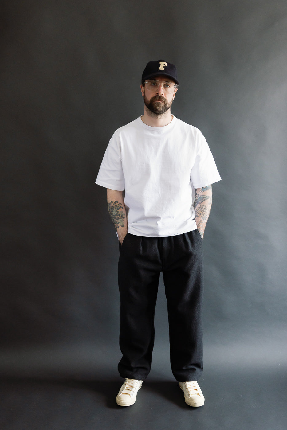 Full body front view of male model 5'9