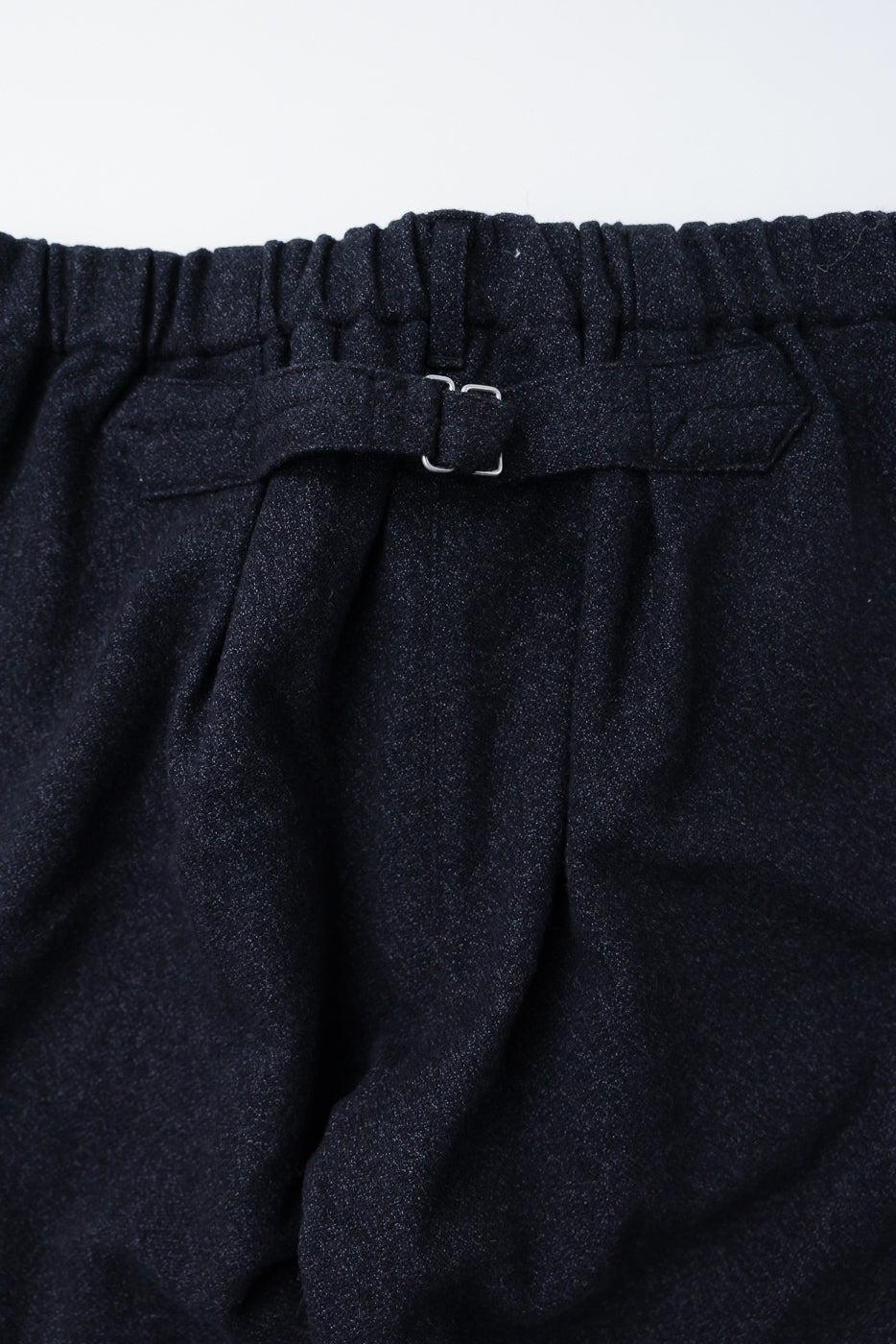 Close-up of back waistband and buckle detail, charcoal tweed pants, Post O’Alls, Dant