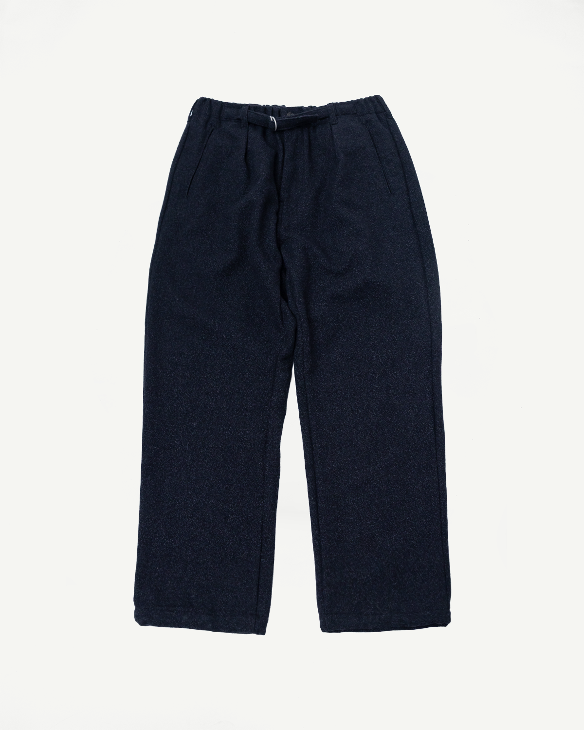 Flat lay front view of charcoal basket tweed pants, relaxed fit, contemporary casual style